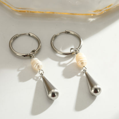 Water Droplets Drop Earrings For Women, Electroplated 304 Stainless Steel With 18K Real Gold Plated And Freshwater Pearl Inlay