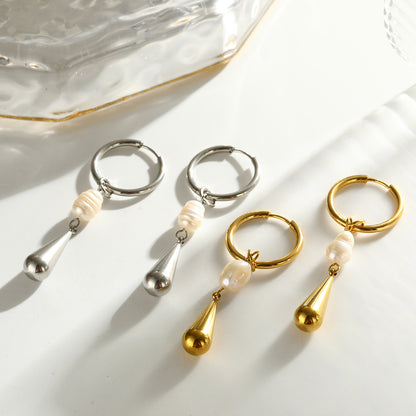 Water Droplets Drop Earrings For Women, Electroplated 304 Stainless Steel With 18K Real Gold Plated And Freshwater Pearl Inlay