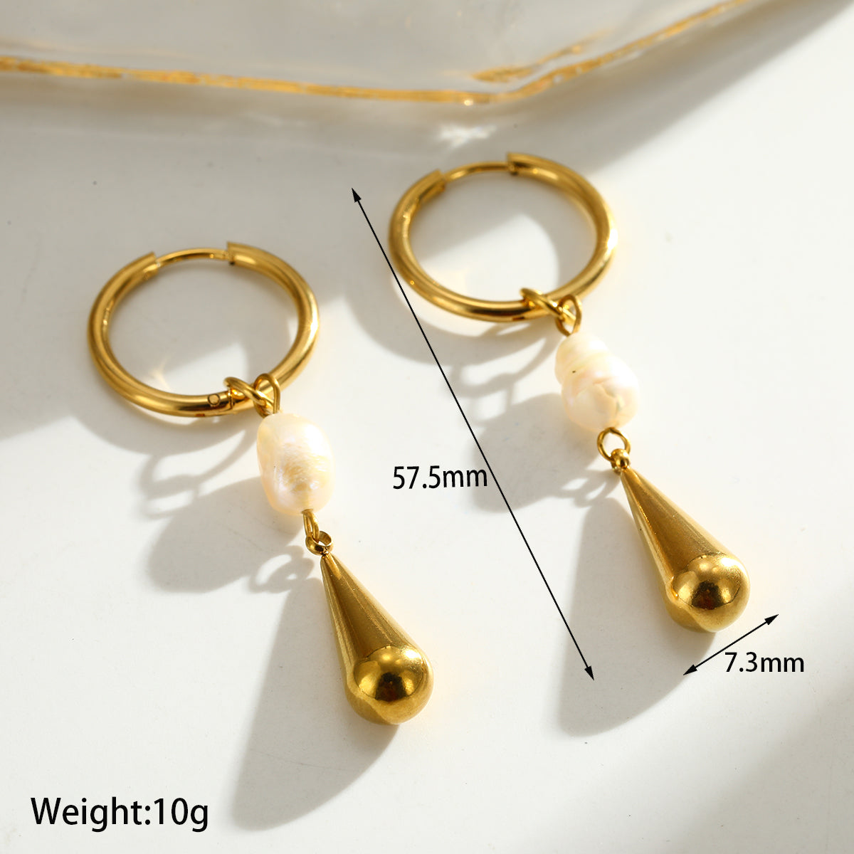 Water Droplets Drop Earrings For Women, Electroplated 304 Stainless Steel With 18K Real Gold Plated And Freshwater Pearl Inlay