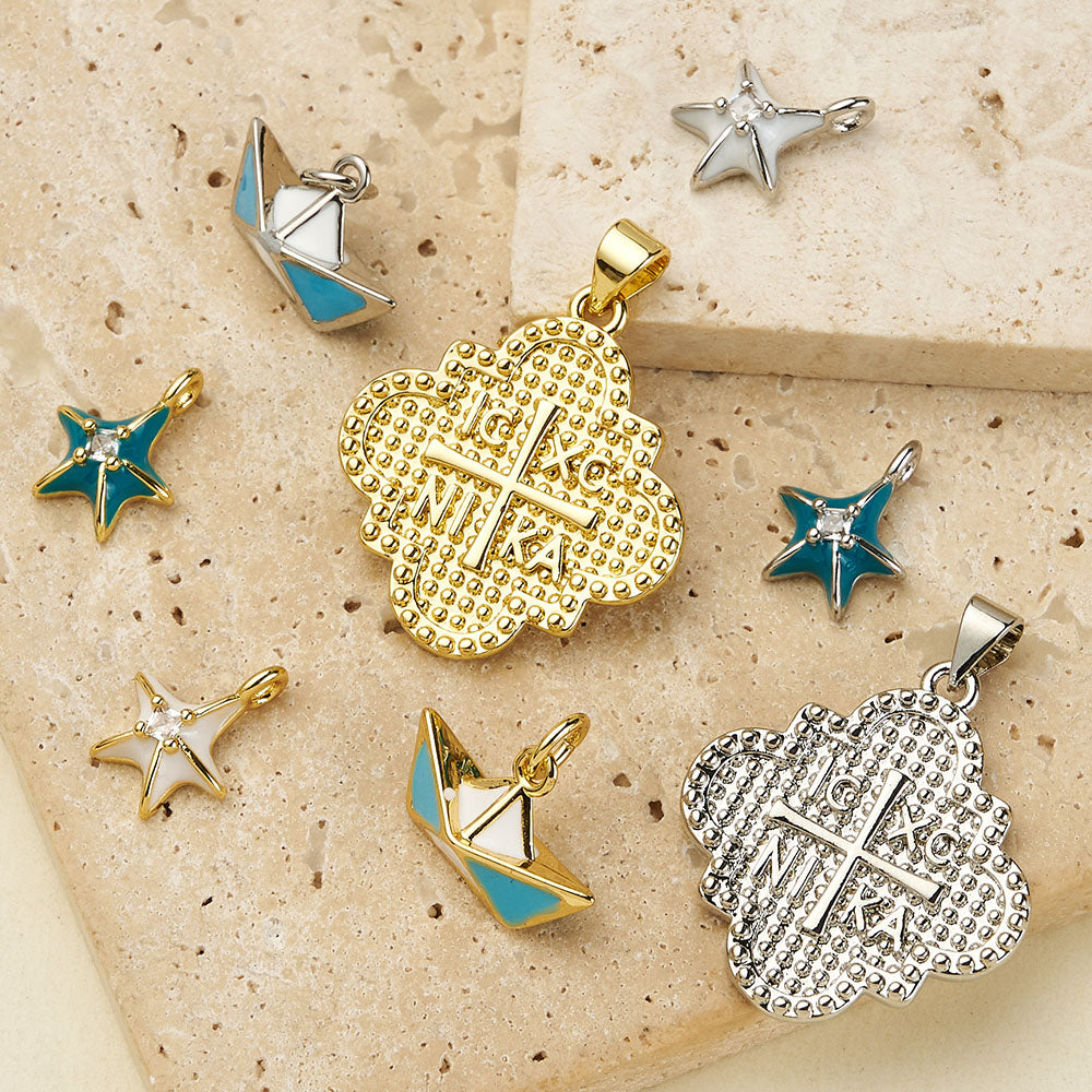 Cross Pendant Copper With 18K Gold Electroplated Finish And Zircon Inlay, 0.05-0.08µm Thickness, 1 Pc