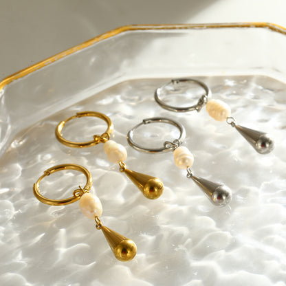 Water Droplets Drop Earrings For Women, Electroplated 304 Stainless Steel With 18K Real Gold Plated And Freshwater Pearl Inlay
