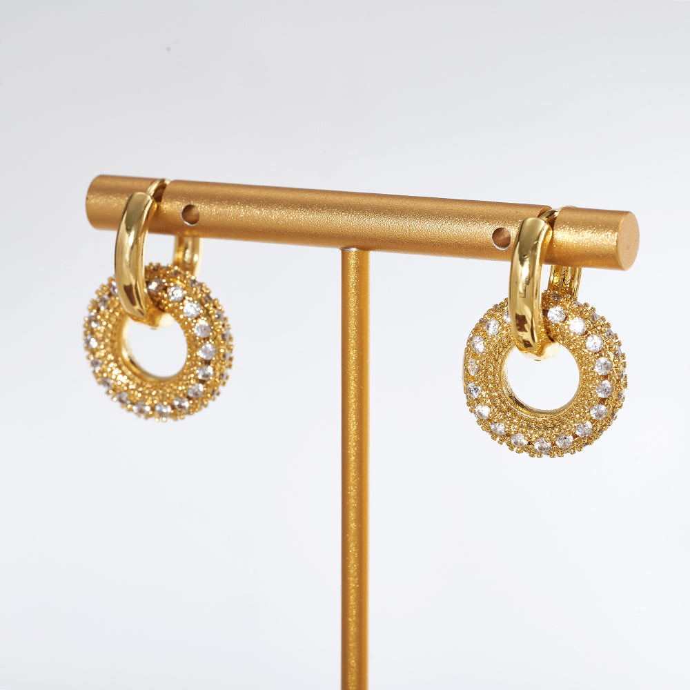 Casual Round Earrings For Valentine's Day In Copper With Real Gold Plating And Zircon Inlay