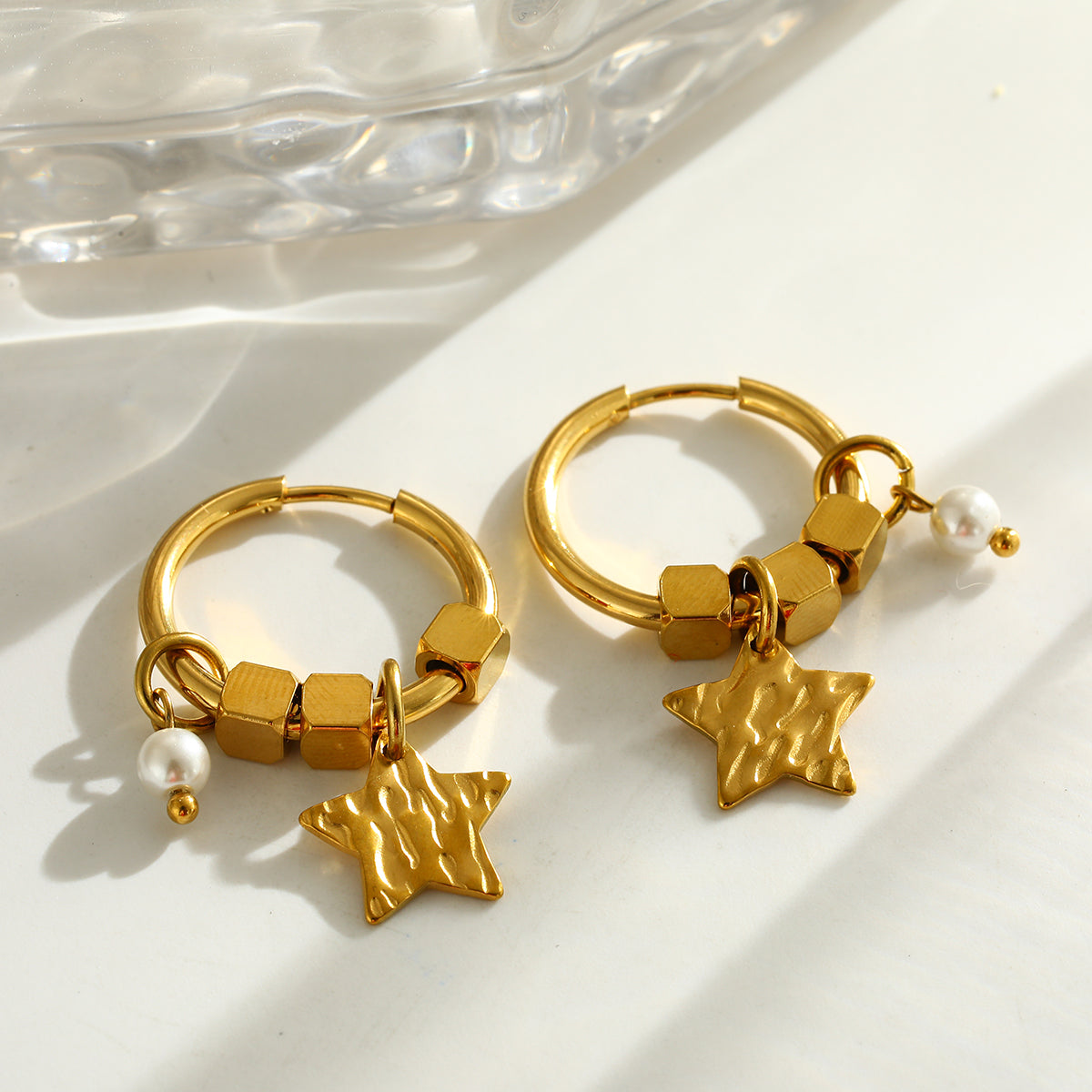 Star Earrings For Women Featuring 304 Stainless Steel With 18K Real Gold Electroplated And Pearl Inlay