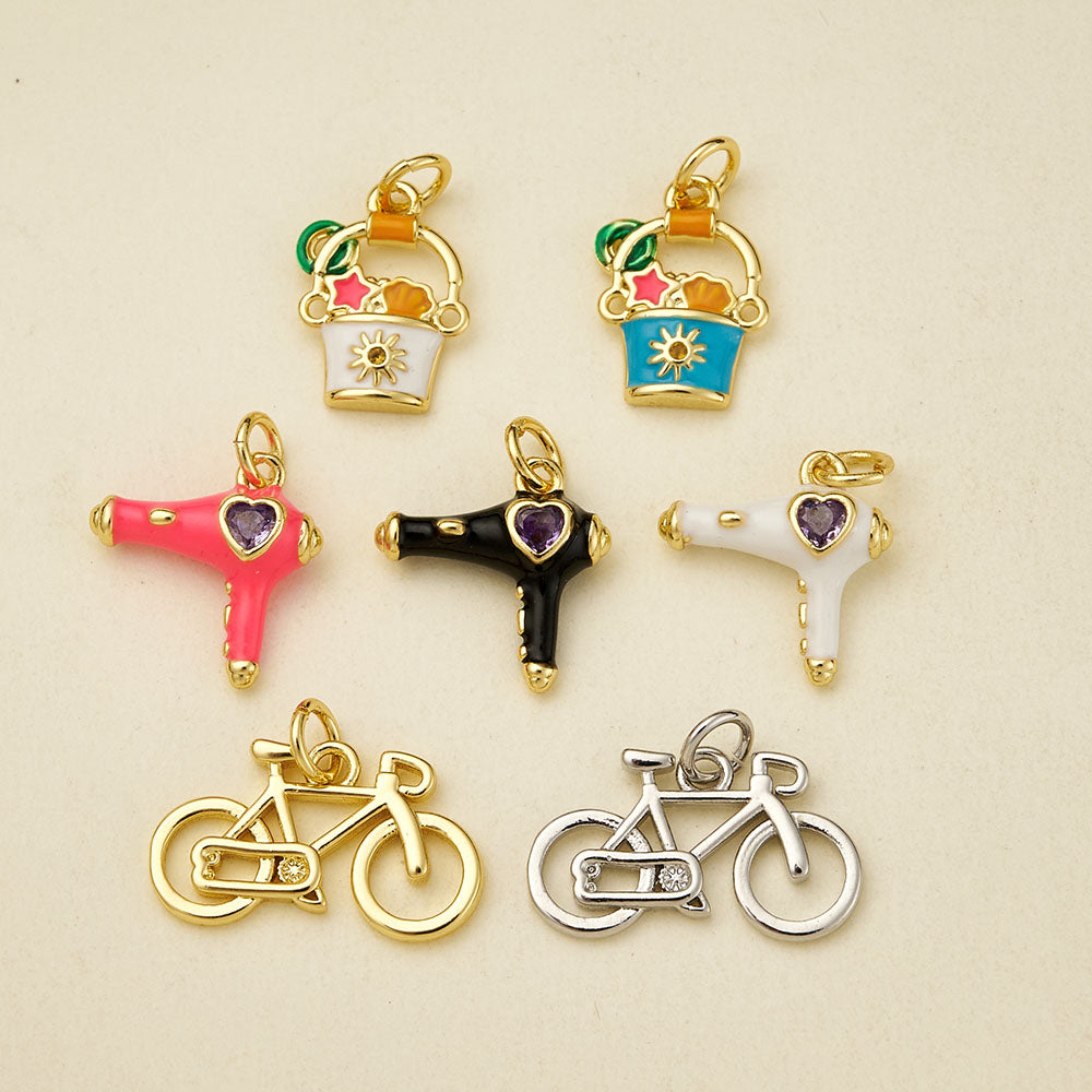 Bicycle Pendant In Copper With 18K Real Gold Electroplating, Zircon Inlay, Featuring 0.05µm-0.08µm Plating Thickness, 1 Pc/Package