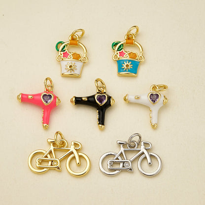 Bicycle Pendant In Copper With 18K Real Gold Electroplating, Zircon Inlay, Featuring 0.05µm-0.08µm Plating Thickness, 1 Pc/Package