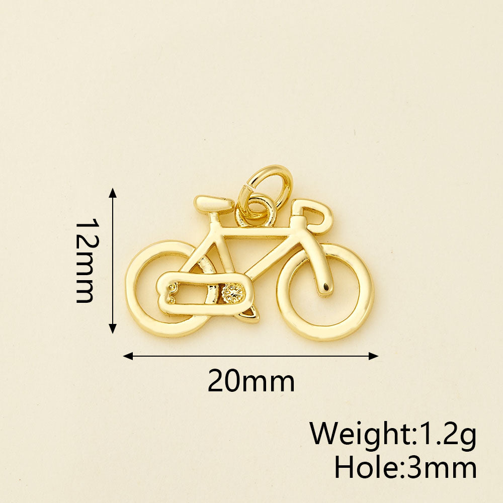 Bicycle Pendant In Copper With 18K Real Gold Electroplating, Zircon Inlay, Featuring 0.05µm-0.08µm Plating Thickness, 1 Pc/Package