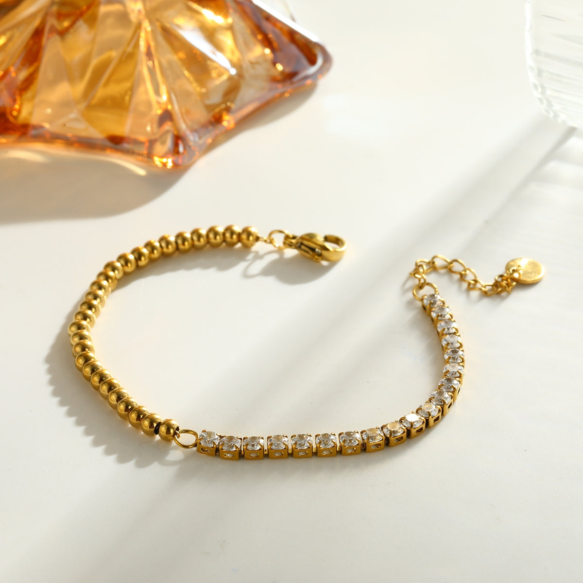 For Women Geometric Bracelets In 304 Stainless Steel With 18K Real Gold Plated Finish And Zircon Inlay Featuring Full Diamond Chain