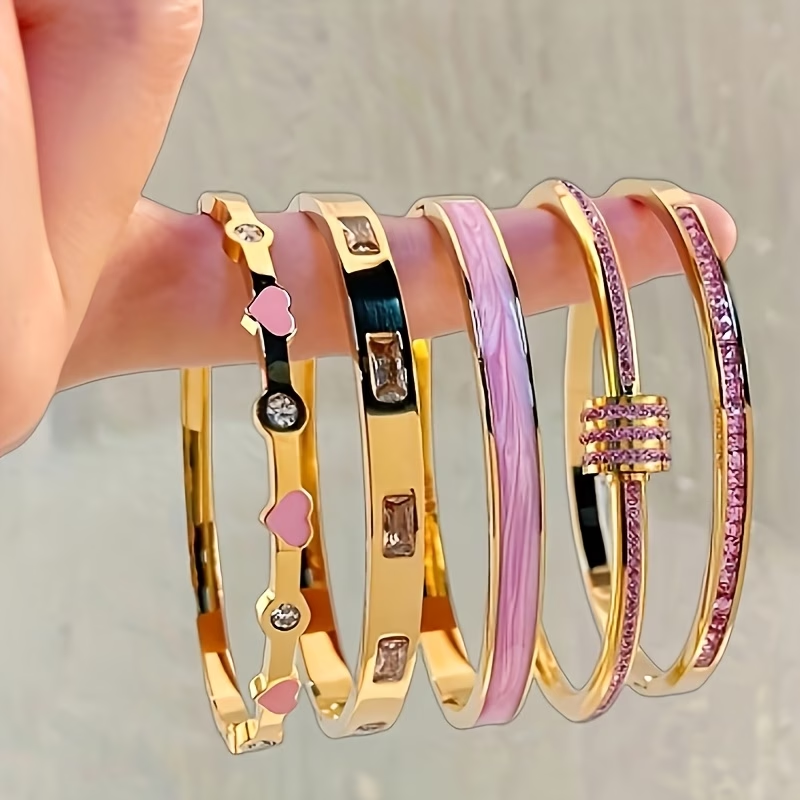 Heart Shape Bangle For New Year, Unisex 304 Stainless Steel With 18K Real Gold Plated And Zircon Inlay
