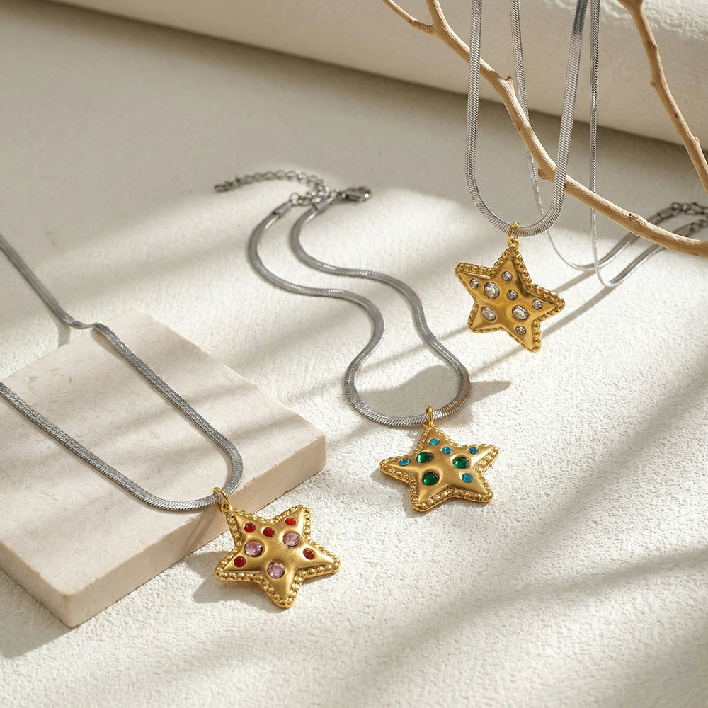 Pentagram Pendant Necklace For Women In IG Style, 201 Stainless Steel With 18K Real Gold Plated And Rhinestones On Snake Chain