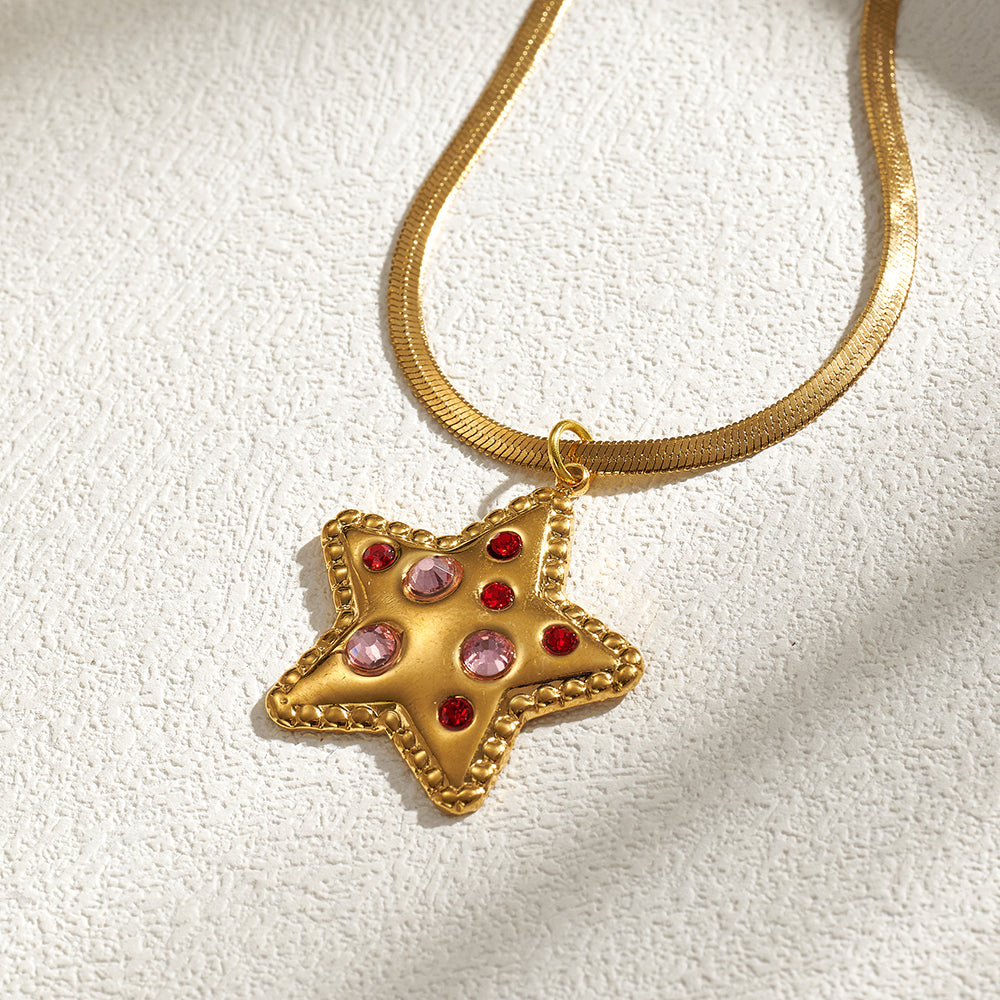 Pentagram Pendant Necklace For Women In IG Style, 201 Stainless Steel With 18K Real Gold Plated And Rhinestones On Snake Chain