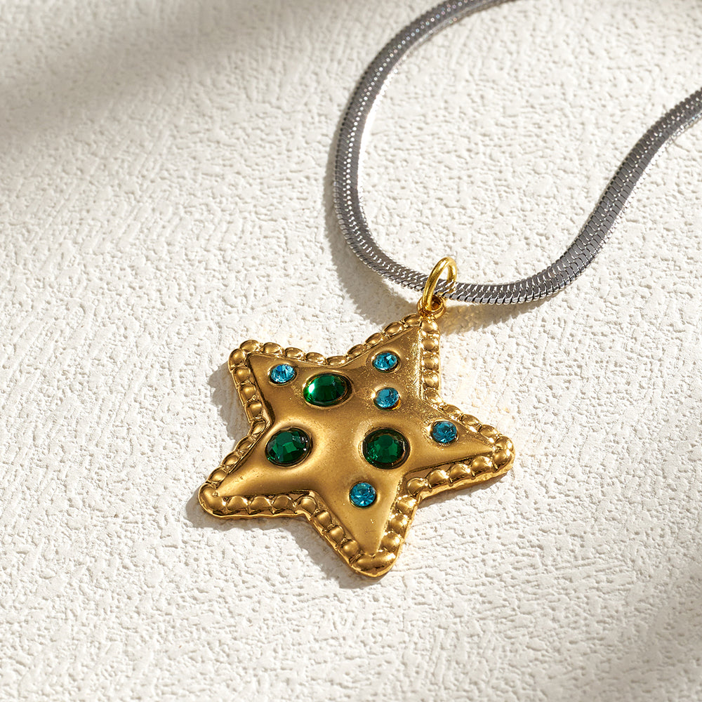 Pentagram Pendant Necklace For Women In IG Style, 201 Stainless Steel With 18K Real Gold Plated And Rhinestones On Snake Chain
