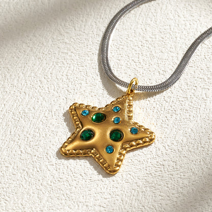 Pentagram Pendant Necklace For Women In IG Style, 201 Stainless Steel With 18K Real Gold Plated And Rhinestones On Snake Chain