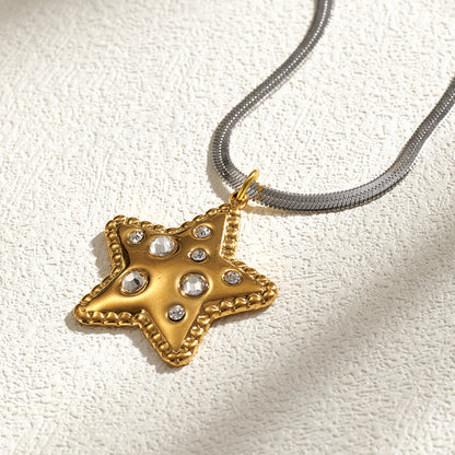 Pentagram Pendant Necklace For Women In IG Style, 201 Stainless Steel With 18K Real Gold Plated And Rhinestones On Snake Chain