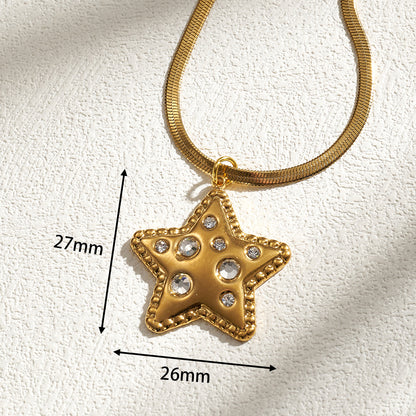 Pentagram Pendant Necklace For Women In IG Style, 201 Stainless Steel With 18K Real Gold Plated And Rhinestones On Snake Chain