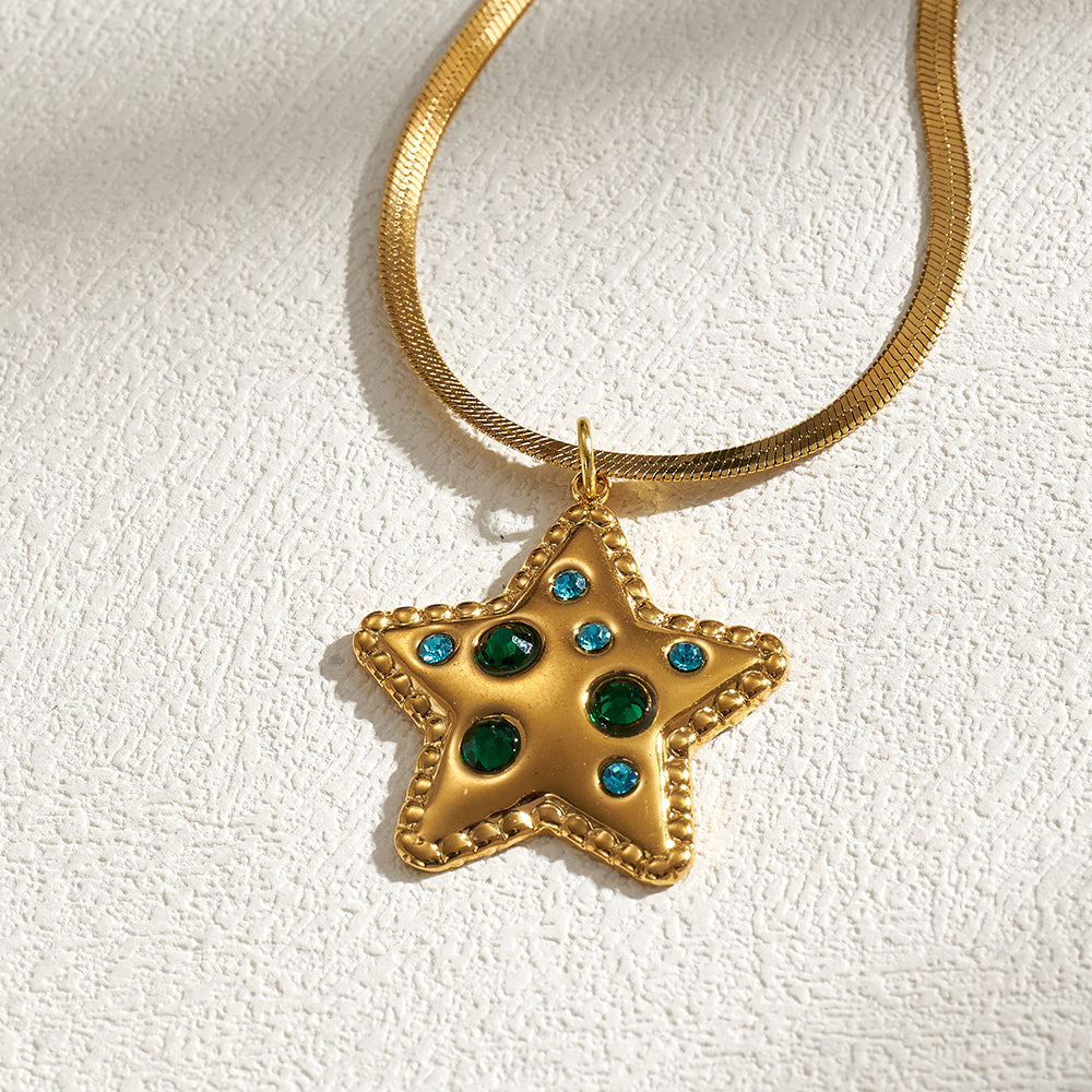 Pentagram Pendant Necklace For Women In IG Style, 201 Stainless Steel With 18K Real Gold Plated And Rhinestones On Snake Chain