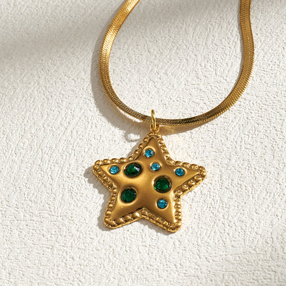 Pentagram Pendant Necklace For Women In IG Style, 201 Stainless Steel With 18K Real Gold Plated And Rhinestones On Snake Chain