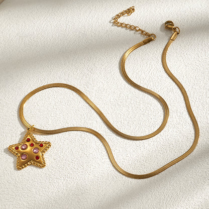 Pentagram Pendant Necklace For Women In IG Style, 201 Stainless Steel With 18K Real Gold Plated And Rhinestones On Snake Chain