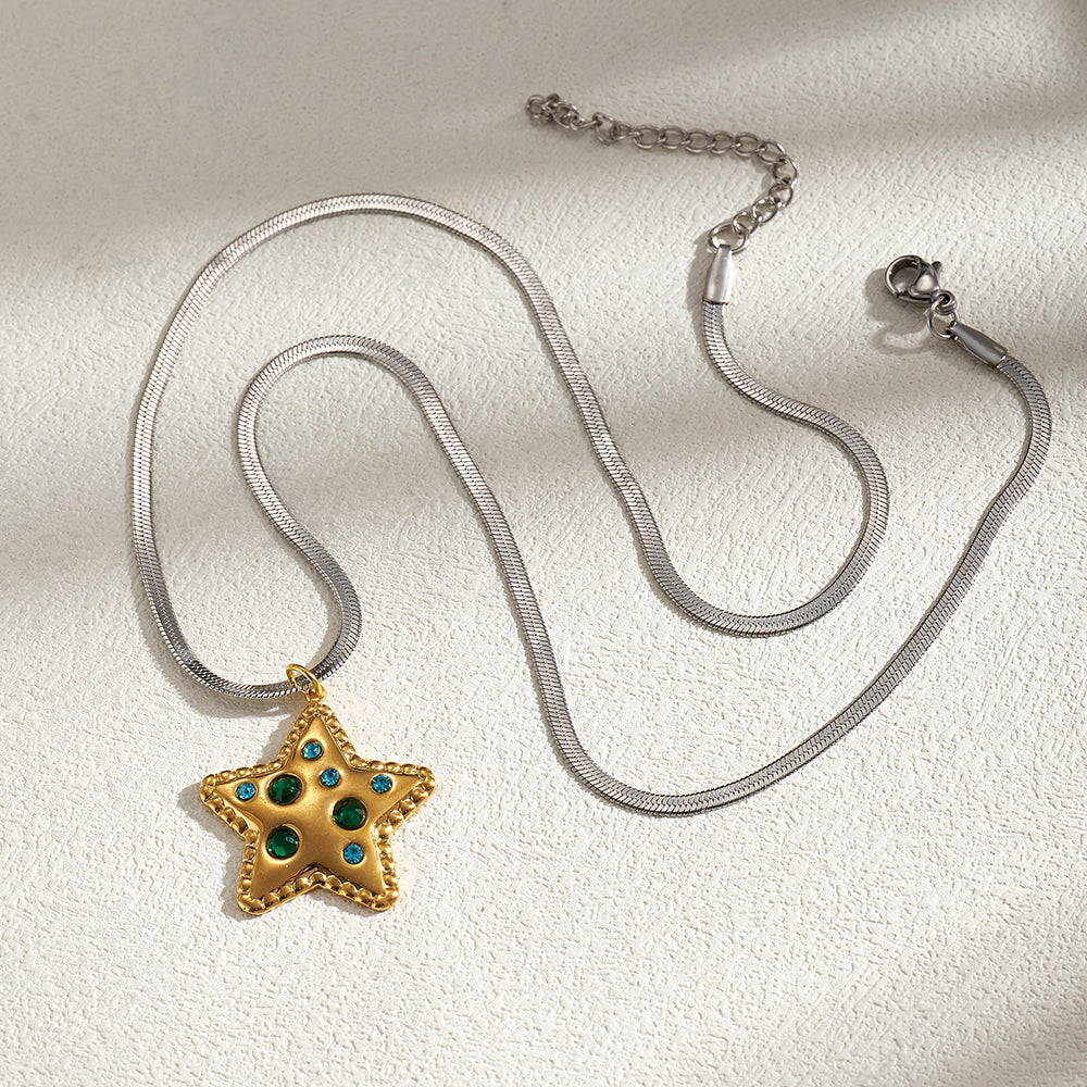 Pentagram Pendant Necklace For Women In IG Style, 201 Stainless Steel With 18K Real Gold Plated And Rhinestones On Snake Chain