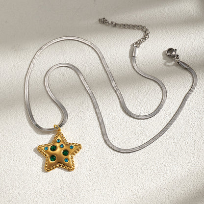Pentagram Pendant Necklace For Women In IG Style, 201 Stainless Steel With 18K Real Gold Plated And Rhinestones On Snake Chain