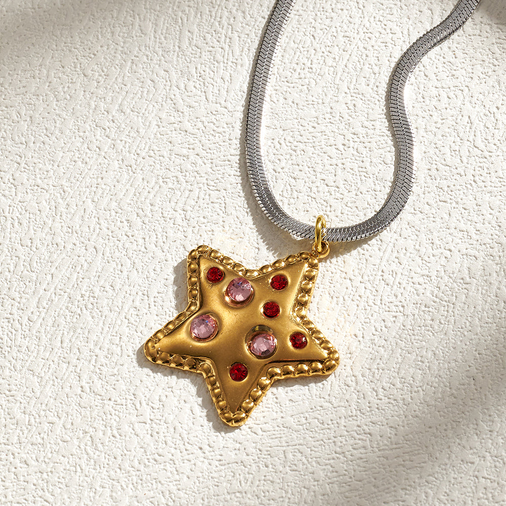 Pentagram Pendant Necklace For Women In IG Style, 201 Stainless Steel With 18K Real Gold Plated And Rhinestones On Snake Chain