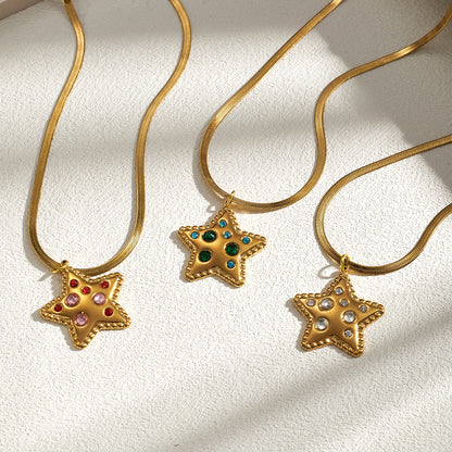 Pentagram Pendant Necklace For Women In IG Style, 201 Stainless Steel With 18K Real Gold Plated And Rhinestones On Snake Chain