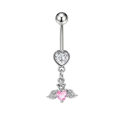 Three-dimensional Heart Shape Copper Belly Ring With Platinum Plated Electroplated Finish And Zircon Inlay