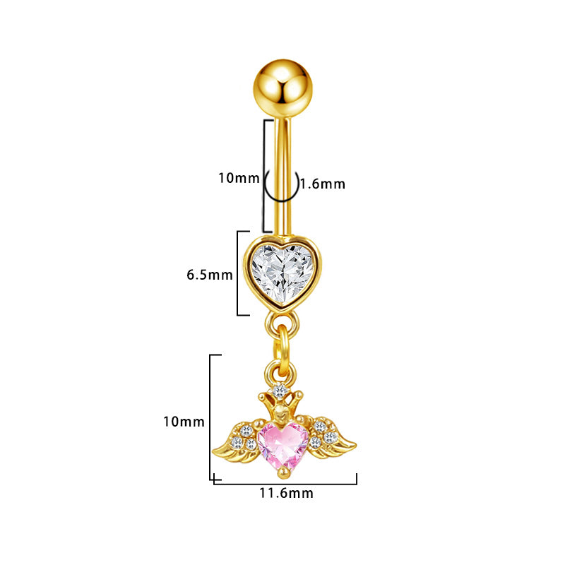 Three-dimensional Heart Shape Copper Belly Ring With Platinum Plated Electroplated Finish And Zircon Inlay