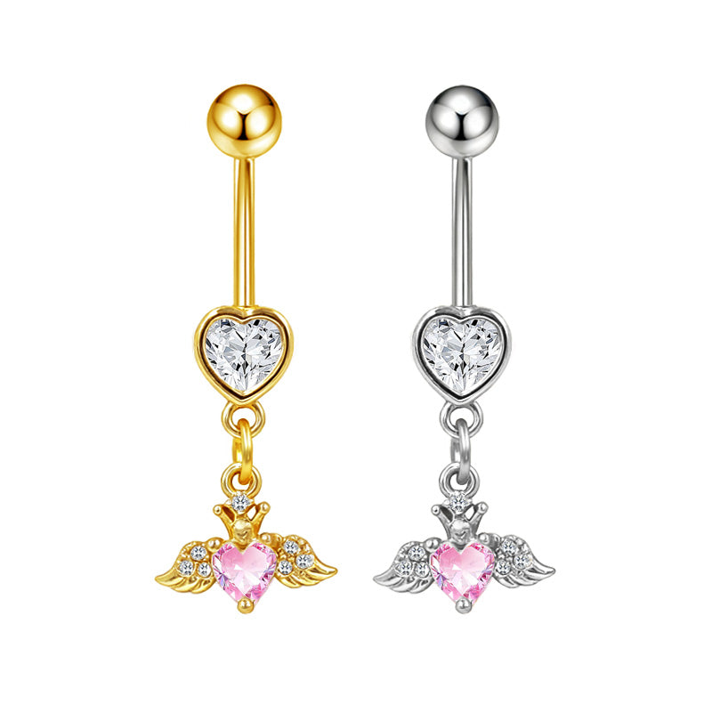Three-dimensional Heart Shape Copper Belly Ring With Platinum Plated Electroplated Finish And Zircon Inlay