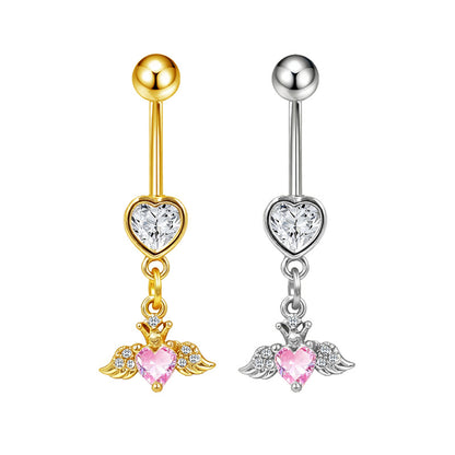 Three-dimensional Heart Shape Copper Belly Ring With Platinum Plated Electroplated Finish And Zircon Inlay