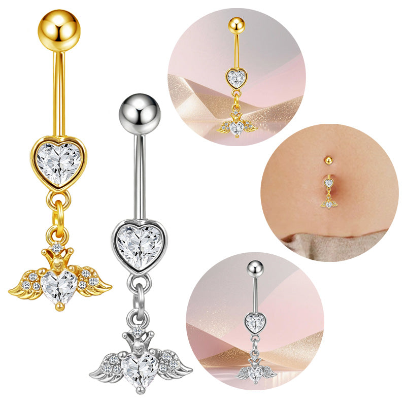 Three-dimensional Heart Shape Copper Belly Ring With Platinum Plated Electroplated Finish And Zircon Inlay