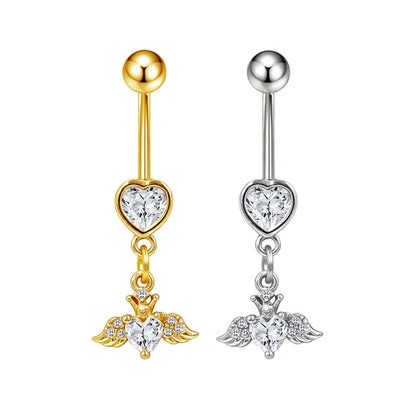 Three-dimensional Heart Shape Copper Belly Ring With Platinum Plated Electroplated Finish And Zircon Inlay