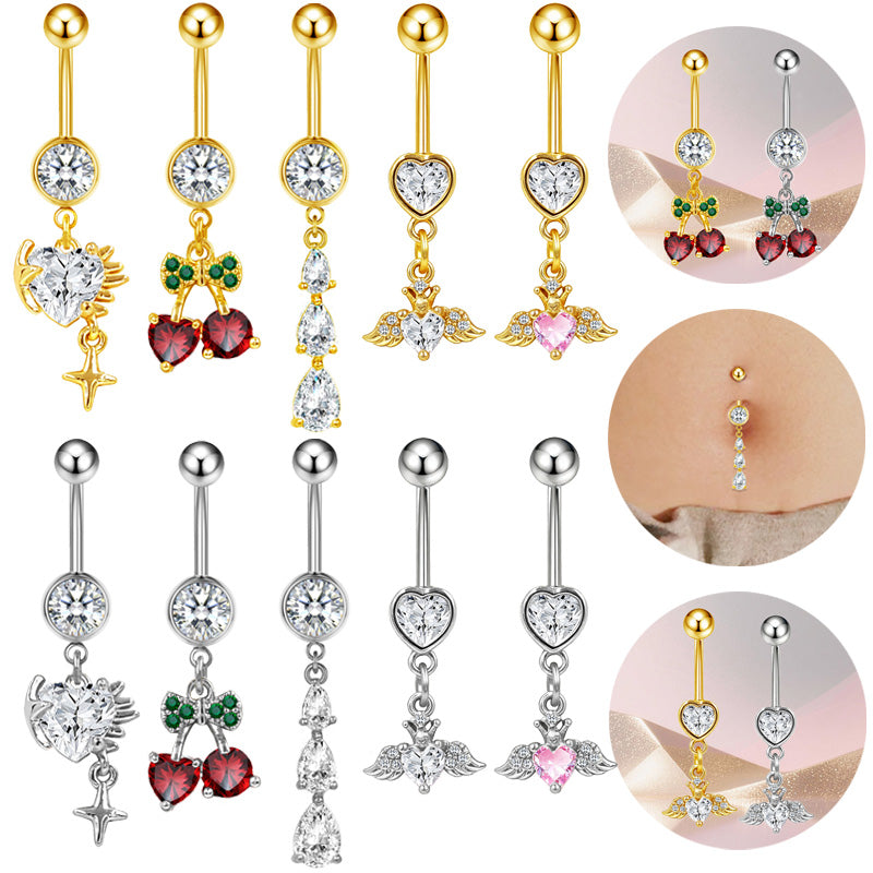 Three-dimensional Heart Shape Copper Belly Ring With Platinum Plated Electroplated Finish And Zircon Inlay
