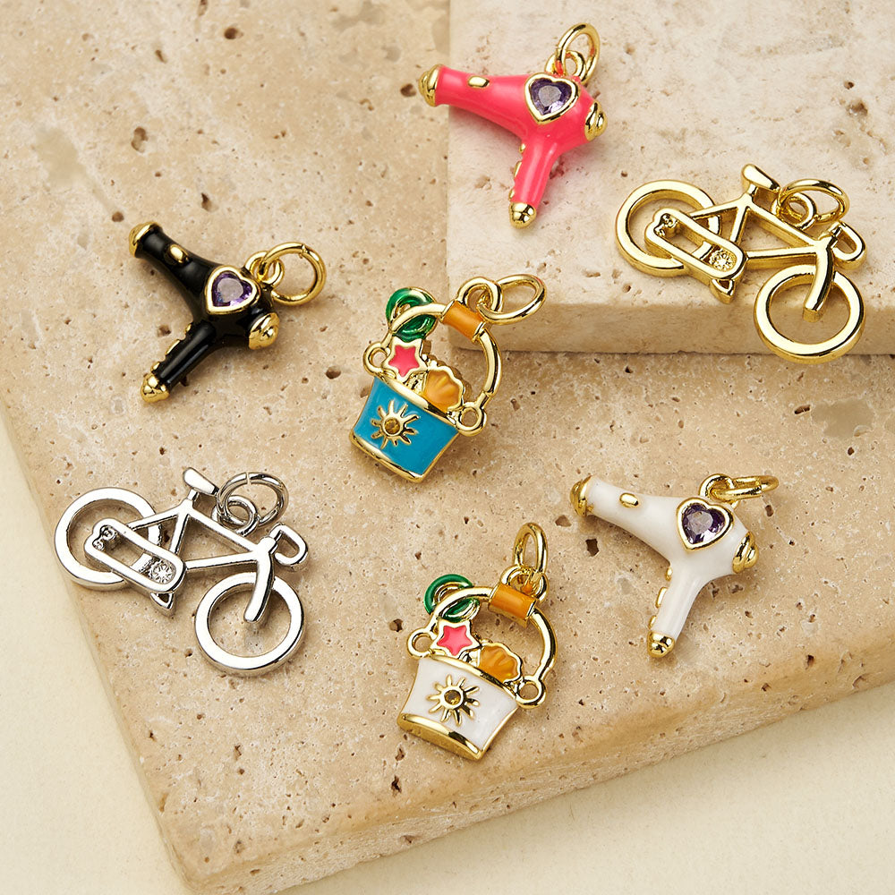 Bicycle Pendant In Copper With 18K Real Gold Electroplating, Zircon Inlay, Featuring 0.05µm-0.08µm Plating Thickness, 1 Pc/Package