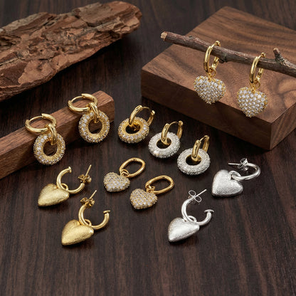 Casual Round Earrings For Valentine's Day In Copper With Real Gold Plating And Zircon Inlay
