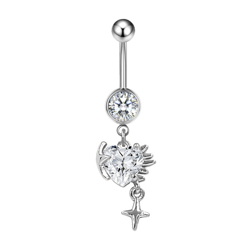 Three-dimensional Heart Shape Copper Belly Ring With Platinum Plated Electroplated Finish And Zircon Inlay