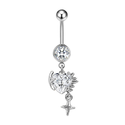 Three-dimensional Heart Shape Copper Belly Ring With Platinum Plated Electroplated Finish And Zircon Inlay