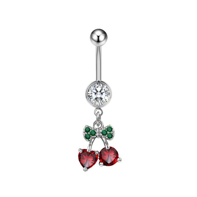 Three-dimensional Heart Shape Copper Belly Ring With Platinum Plated Electroplated Finish And Zircon Inlay