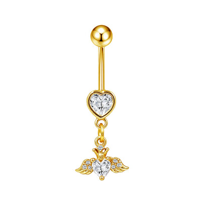 Three-dimensional Heart Shape Copper Belly Ring With Platinum Plated Electroplated Finish And Zircon Inlay