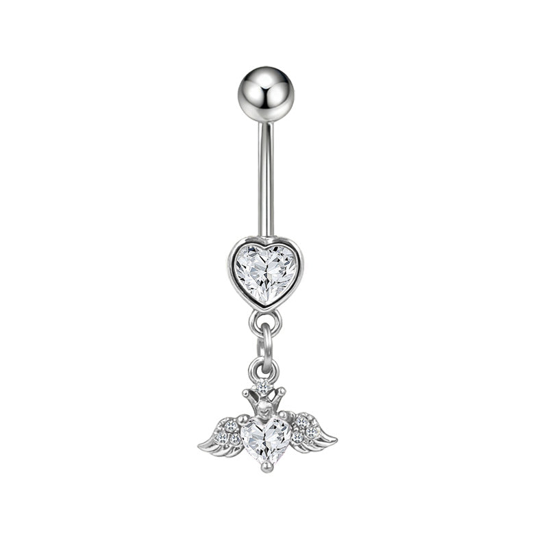 Three-dimensional Heart Shape Copper Belly Ring With Platinum Plated Electroplated Finish And Zircon Inlay