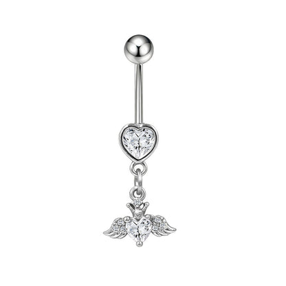 Three-dimensional Heart Shape Copper Belly Ring With Platinum Plated Electroplated Finish And Zircon Inlay