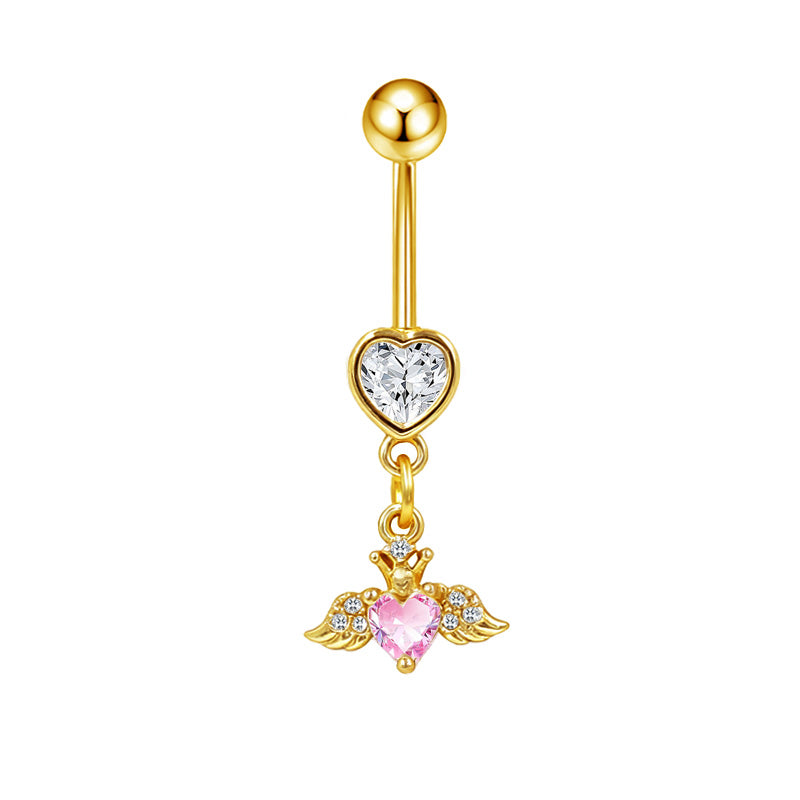 Three-dimensional Heart Shape Copper Belly Ring With Platinum Plated Electroplated Finish And Zircon Inlay