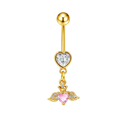 Three-dimensional Heart Shape Copper Belly Ring With Platinum Plated Electroplated Finish And Zircon Inlay