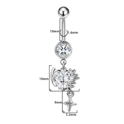 Three-dimensional Heart Shape Copper Belly Ring With Platinum Plated Electroplated Finish And Zircon Inlay