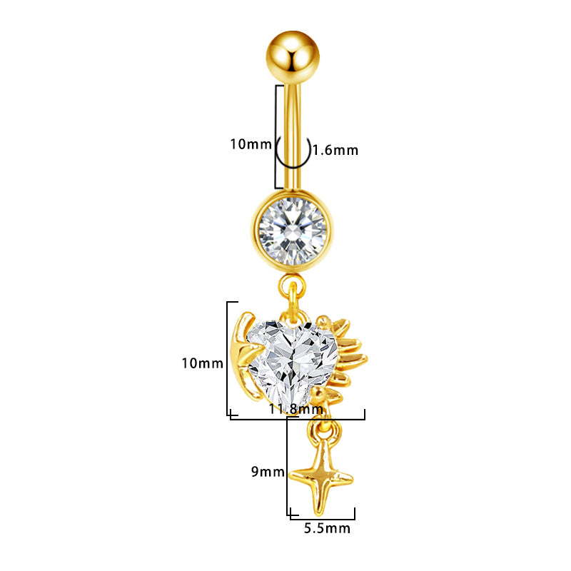 Three-dimensional Heart Shape Copper Belly Ring With Platinum Plated Electroplated Finish And Zircon Inlay
