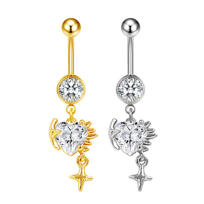 Three-dimensional Heart Shape Copper Belly Ring With Platinum Plated Electroplated Finish And Zircon Inlay