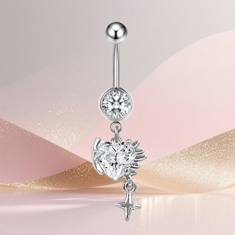 Three-dimensional Heart Shape Copper Belly Ring With Platinum Plated Electroplated Finish And Zircon Inlay