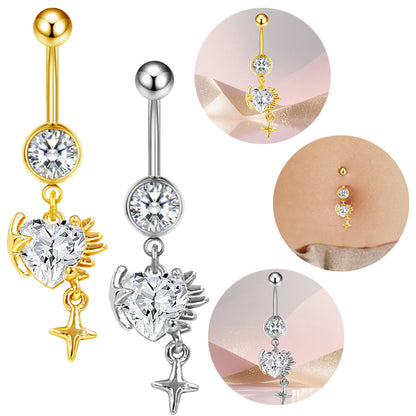 Three-dimensional Heart Shape Copper Belly Ring With Platinum Plated Electroplated Finish And Zircon Inlay