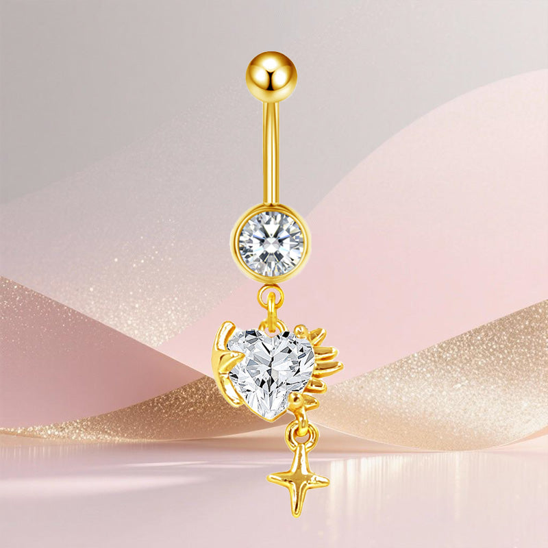 Three-dimensional Heart Shape Copper Belly Ring With Platinum Plated Electroplated Finish And Zircon Inlay