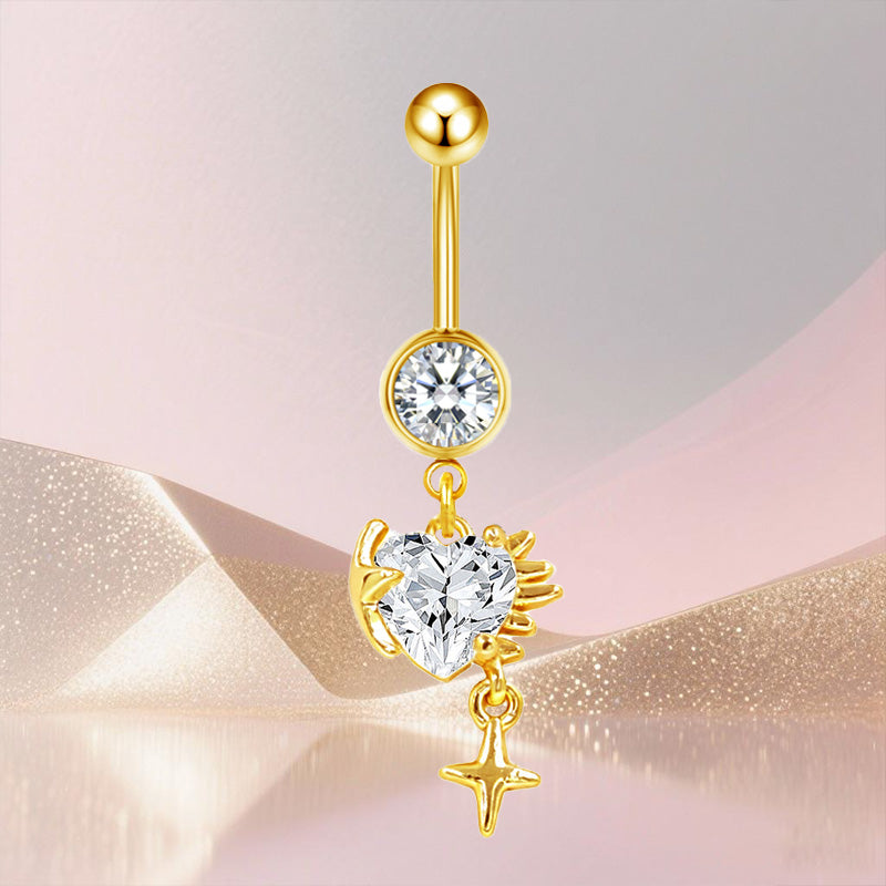 Three-dimensional Heart Shape Copper Belly Ring With Platinum Plated Electroplated Finish And Zircon Inlay
