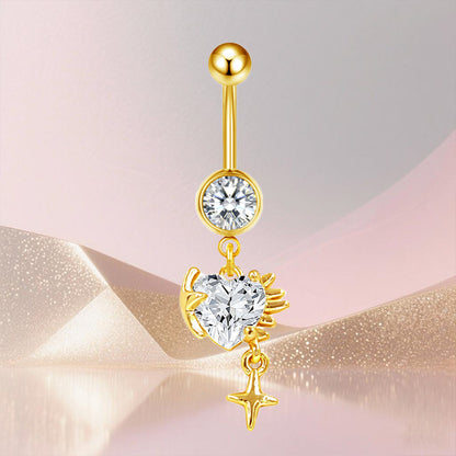 Three-dimensional Heart Shape Copper Belly Ring With Platinum Plated Electroplated Finish And Zircon Inlay